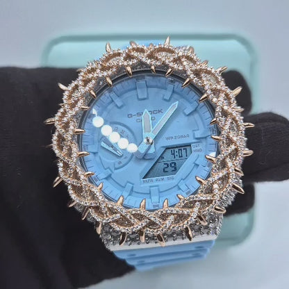 Moissanit-Aufsatz für Casio G-Shock GA-2100 – 925 Silber, 18 K vergoldet (Aftermarket, ohne Uhr)